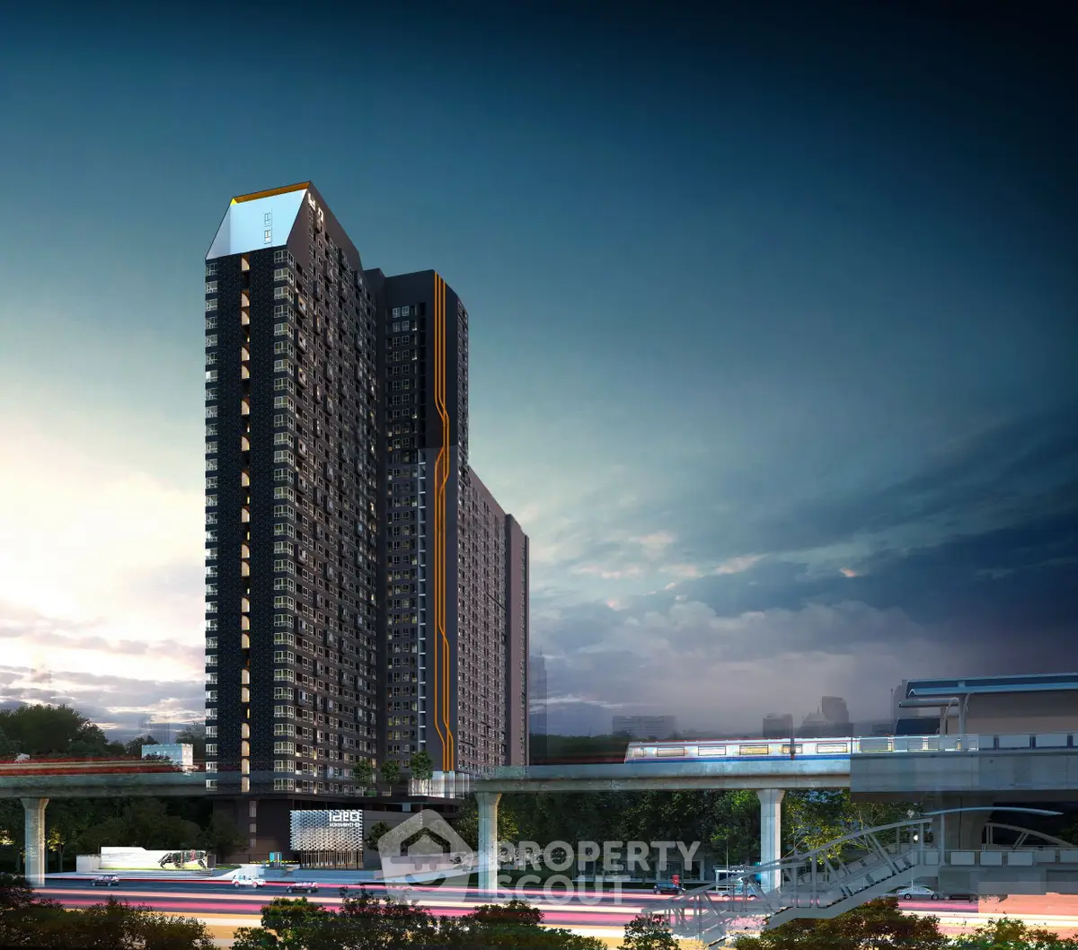 Stunning modern high-rise building with urban skyline view at dusk, perfect for city living.