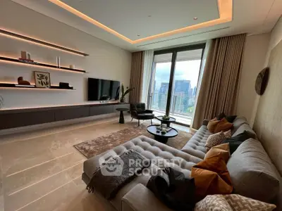 Luxurious living room with modern decor and stunning city view from large windows.
