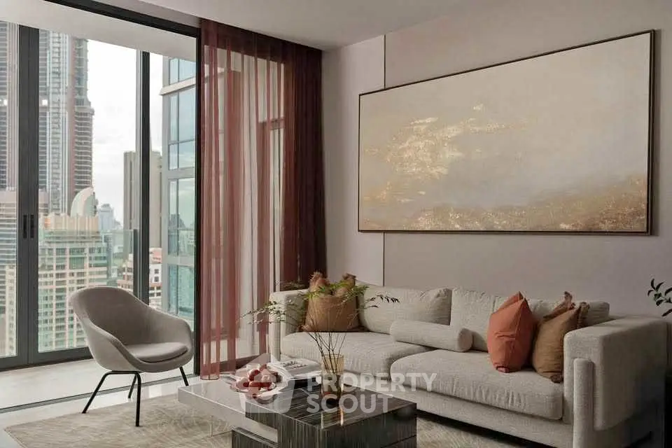Luxurious modern living room with stunning city view and elegant decor