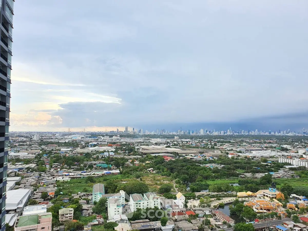 Stunning cityscape view from high-rise building showcasing urban skyline and greenery.