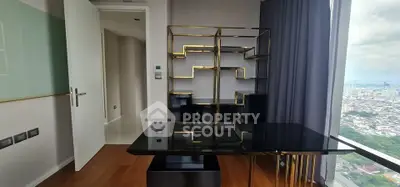 Modern study room with sleek black desk and panoramic city view