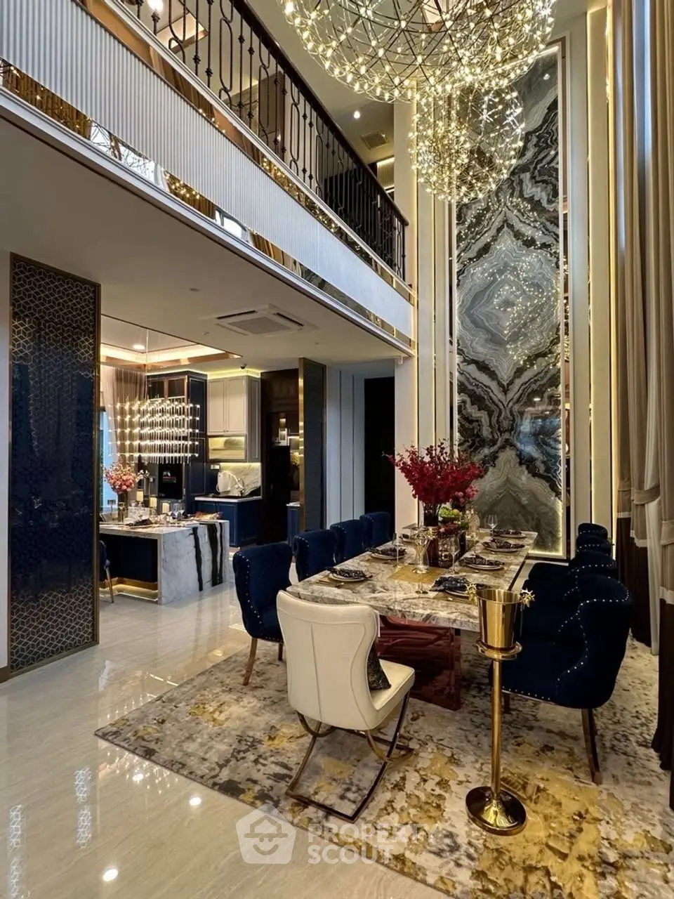 Luxurious dining area with high ceiling and elegant decor in modern apartment