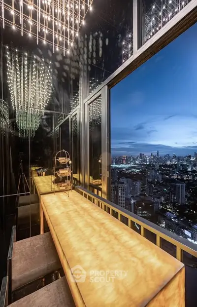 Luxurious high-rise balcony with stunning city skyline view at dusk