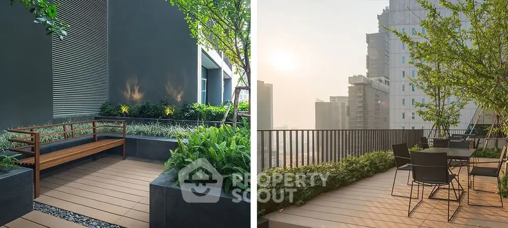 Modern urban balcony with lush greenery and city skyline view, perfect for relaxation and entertaining.