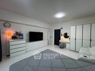 Spacious modern bedroom with sleek furniture and ambient lighting