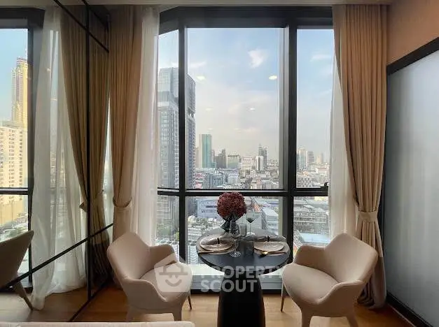 Luxurious high-rise apartment with stunning city view and elegant dining setup.
