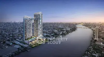Stunning aerial view of modern riverside skyscrapers in a bustling cityscape at dusk.