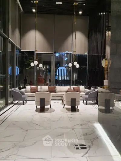 Luxurious modern living room with elegant lighting and marble flooring