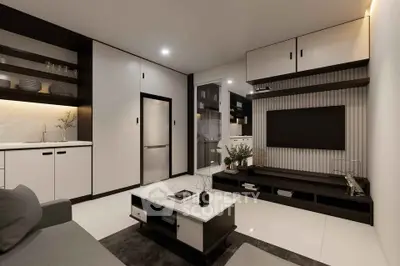 Modern living room with sleek furniture and built-in storage