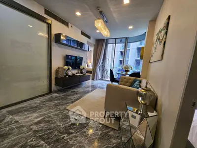 Luxurious modern living room with marble flooring and elegant decor in high-rise apartment