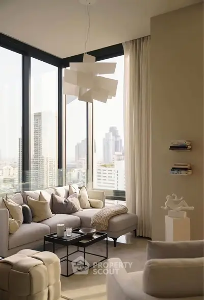 Luxurious corner living room with panoramic city views and modern decor