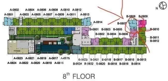 8th floor schematic plan with highlighted units and amenities