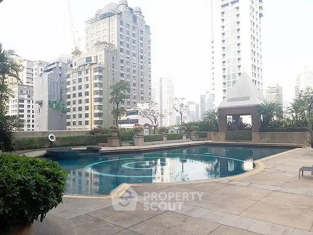 Luxurious urban pool area with stunning cityscape views and modern architecture.
