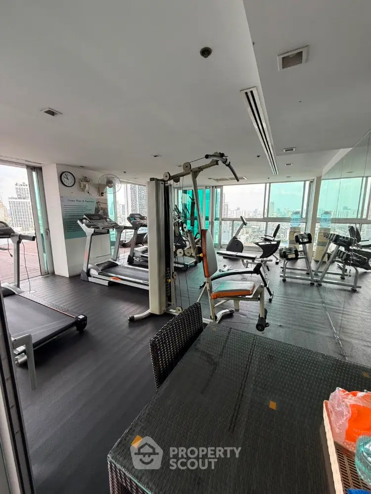 Modern gym with city view in high-rise building