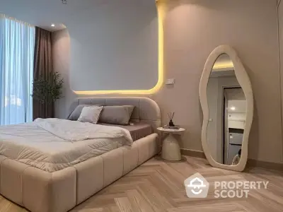 Luxurious modern bedroom with stylish decor and elegant lighting