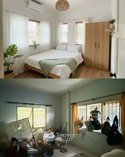 Cozy bedroom with modern decor and cluttered storage room contrast