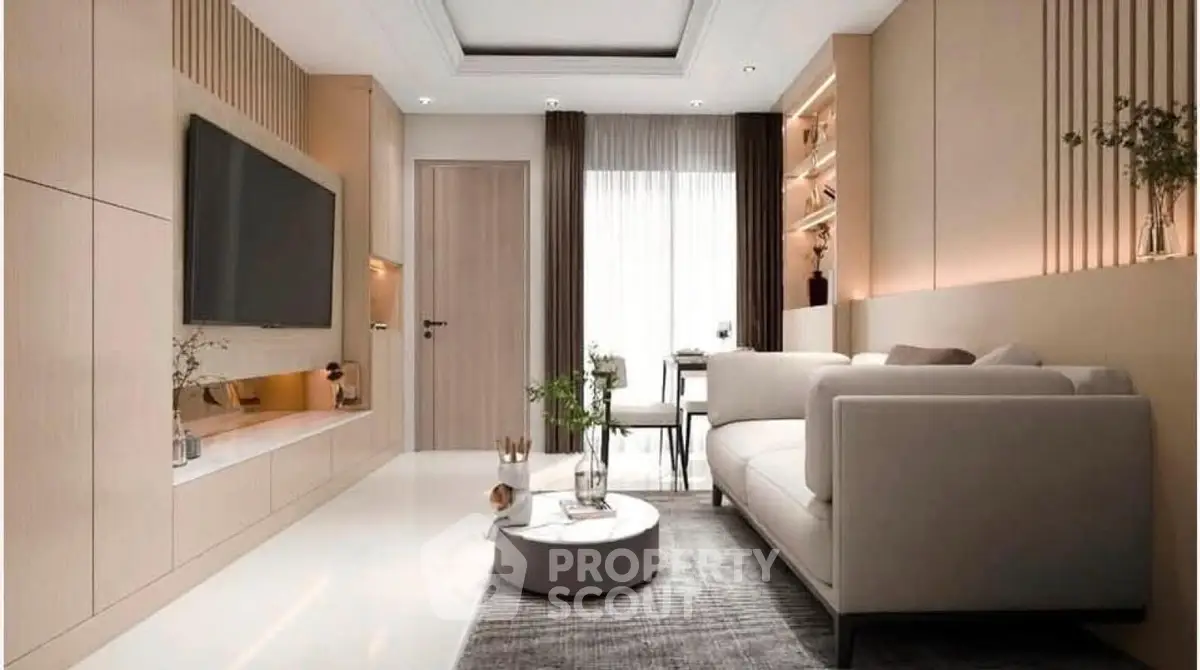 Modern living room with sleek design, neutral tones, and elegant furniture, perfect for contemporary living.