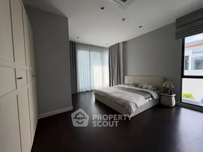 Spacious modern bedroom with large windows and elegant decor