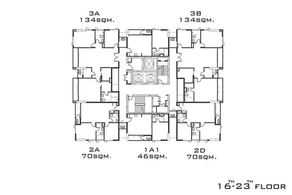 Detailed floor plan layout for high-rise building floors 16 to 23 with multiple unit types.