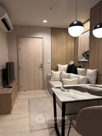 Modern living room with stylish decor and cozy seating area