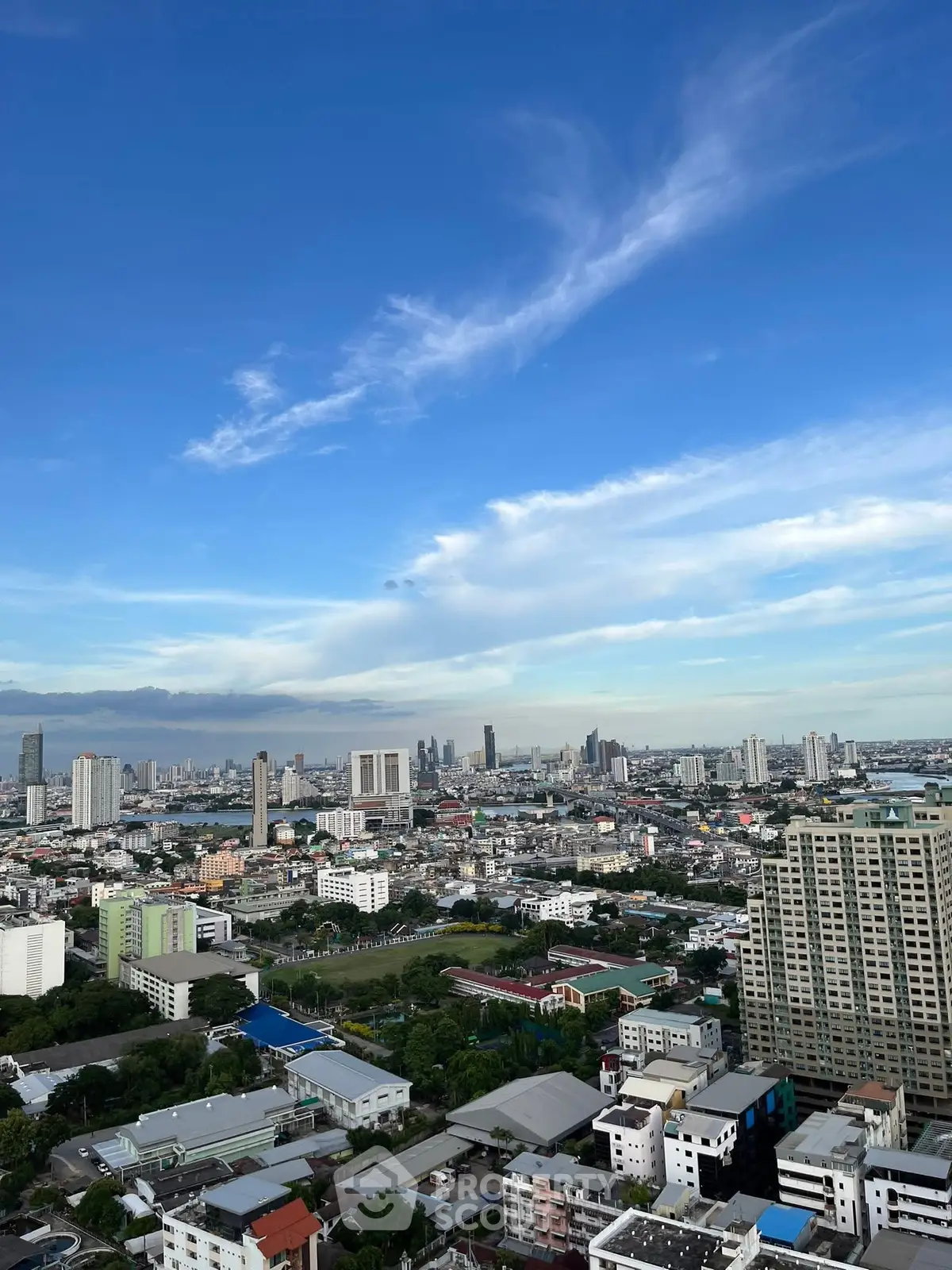 Stunning cityscape view from high-rise building with clear blue sky