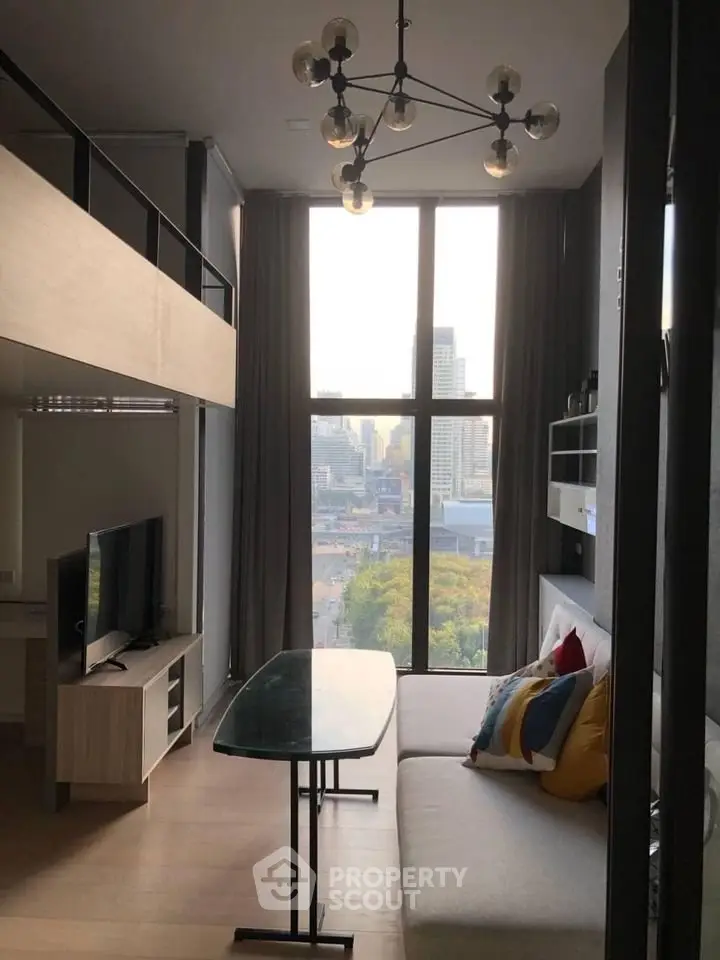 Modern living room with high ceiling and city view from large window