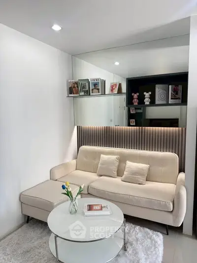 Modern living room with stylish sofa and decorative shelves