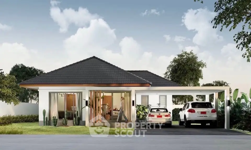 Modern single-story house with carport and lush garden, perfect for family living.