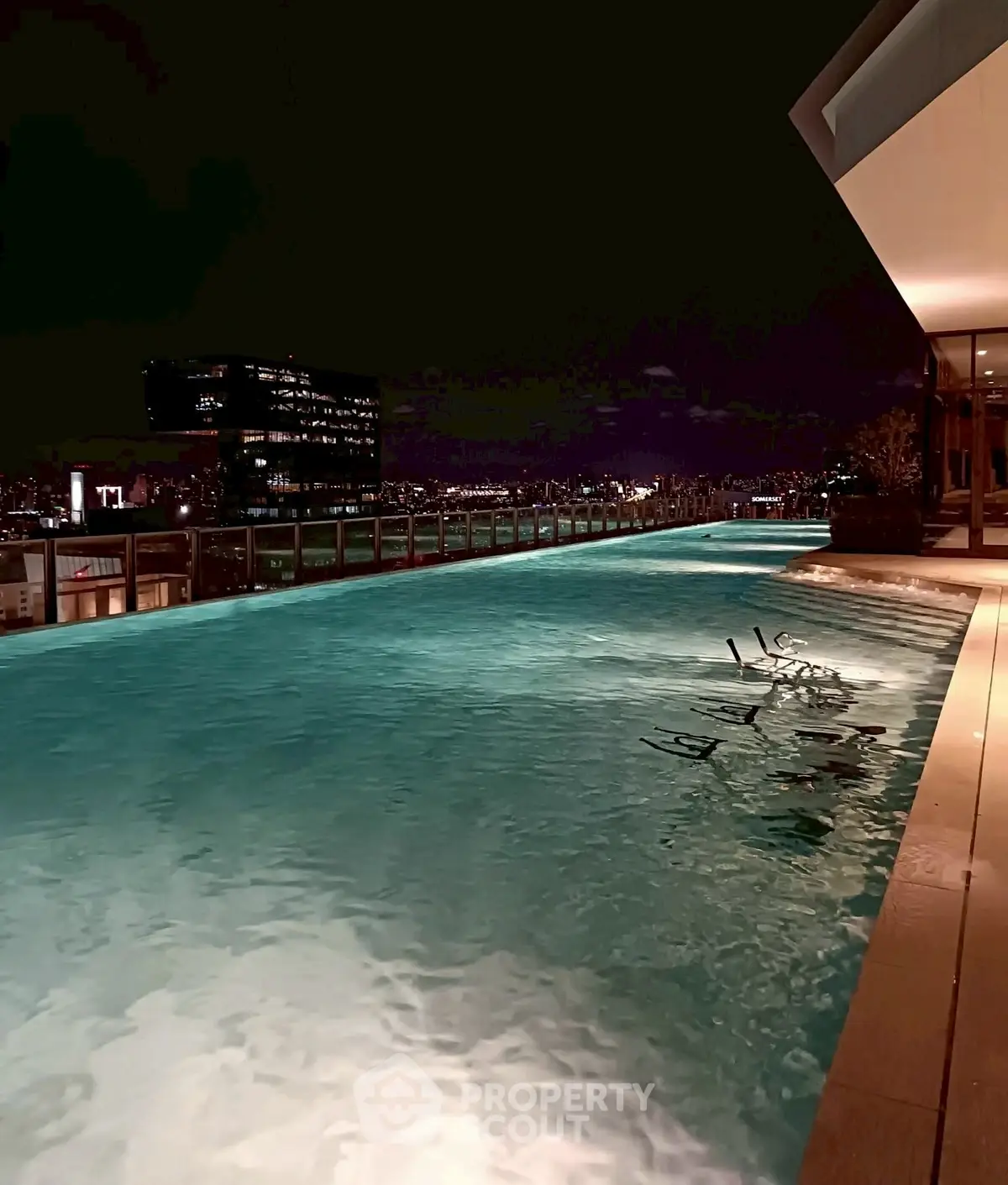 Luxurious rooftop pool with stunning city skyline view at night