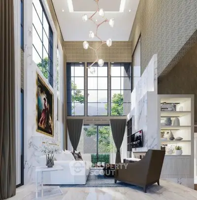 Luxurious modern living room with high ceilings, large windows, and elegant decor.