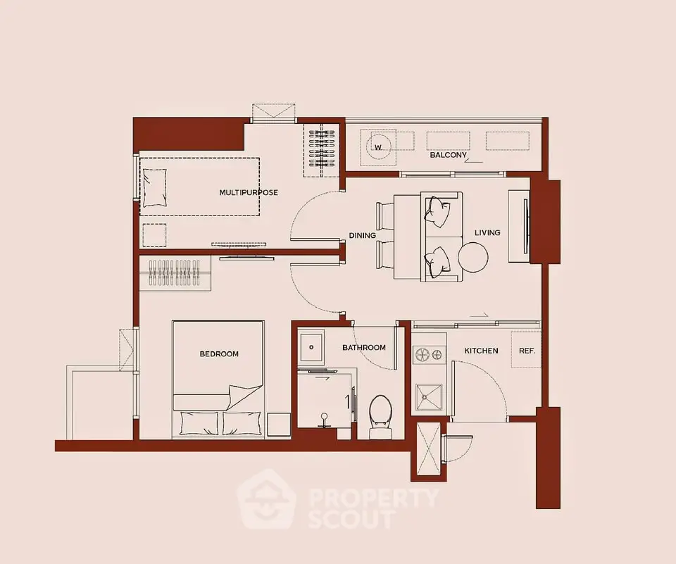 Modern apartment floor plan with one bedroom, bathroom, kitchen, and balcony.