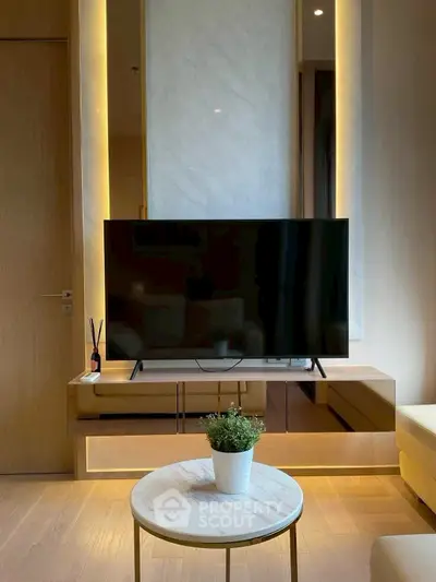 Modern living room with sleek TV setup and stylish decor