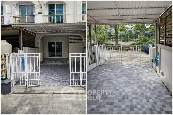 Spacious covered parking area with tiled flooring in a modern residential property.