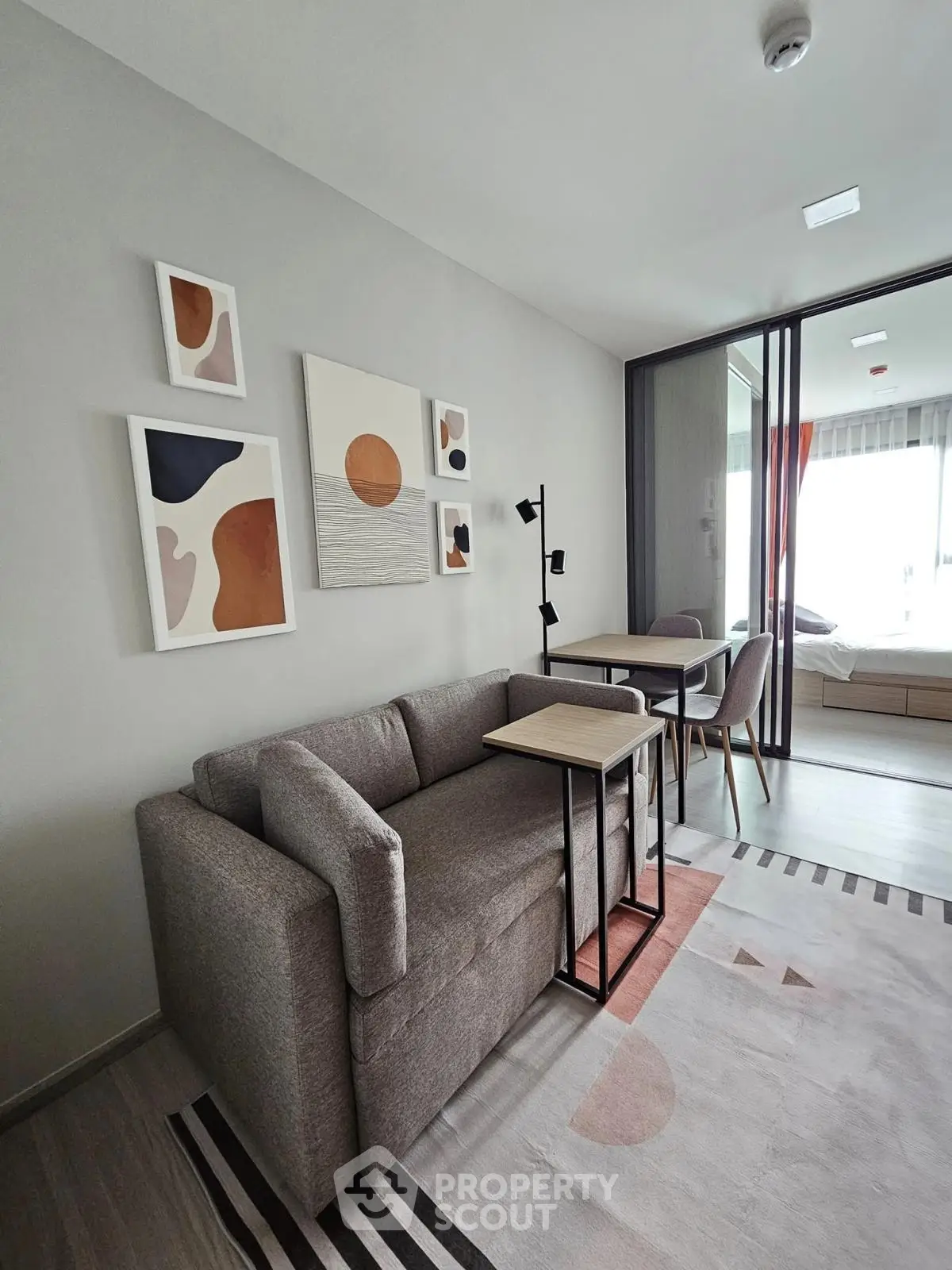 Modern living room with stylish decor and cozy seating area