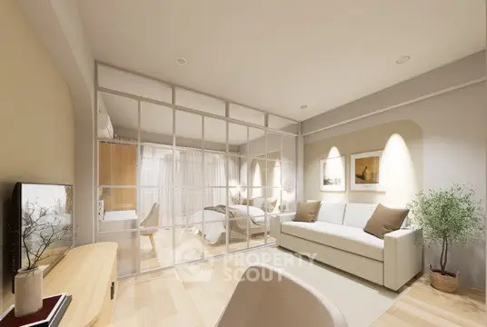 Modern living room with glass partition and cozy decor