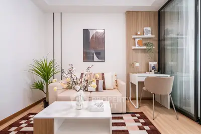 Modern living room with stylish decor and cozy seating area