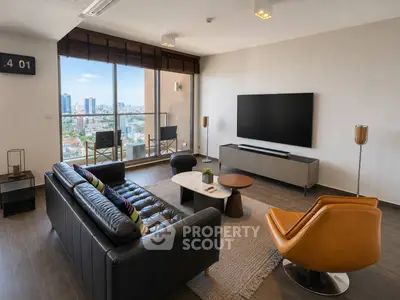 Luxurious modern living room with stunning city view, featuring stylish furniture and large flat-screen TV.