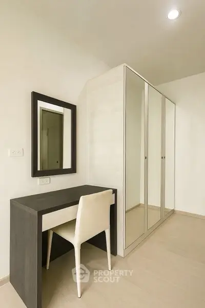 Modern bedroom with sleek wardrobe and stylish vanity desk