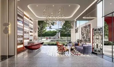 Luxurious modern lobby with artistic decor and garden view