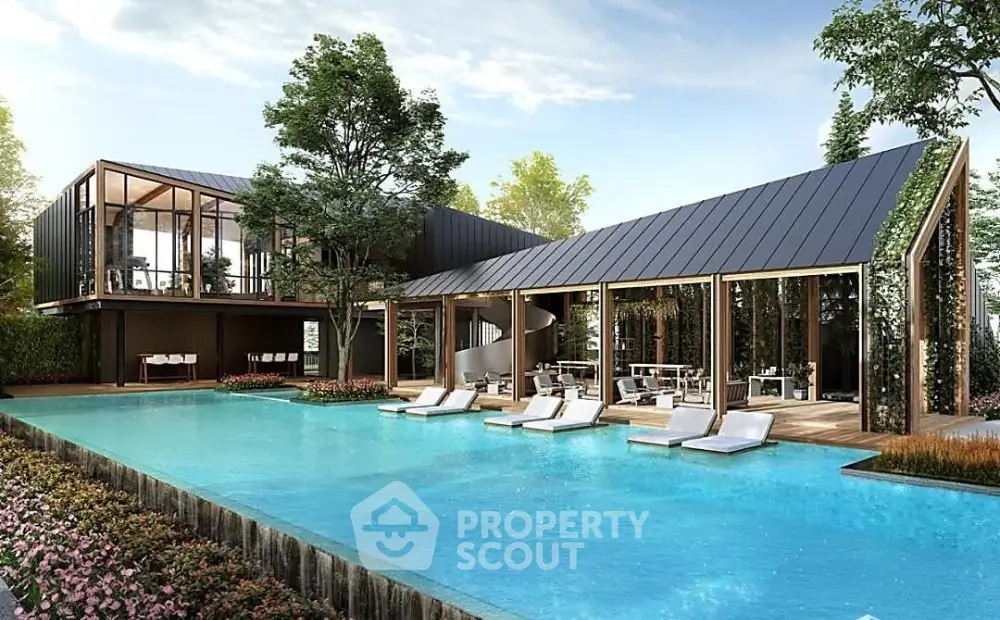 Luxurious modern villa with stunning pool and lush garden surroundings