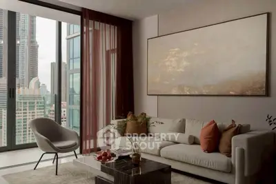 Luxurious living room with modern decor and stunning city view from large windows.