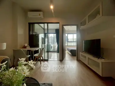 Modern apartment interior with open living space and city view