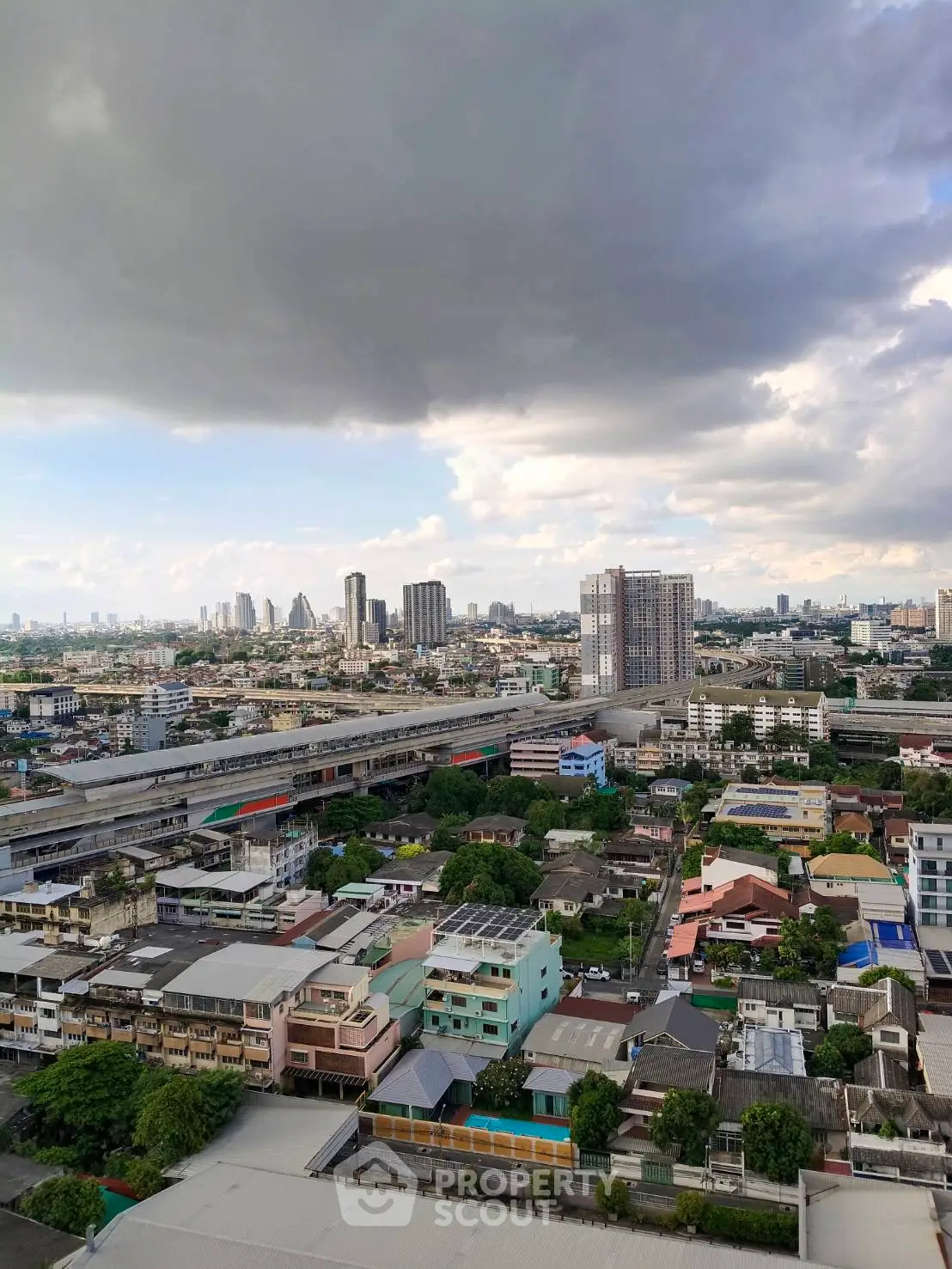 Stunning cityscape view with high-rise buildings under dramatic clouds.