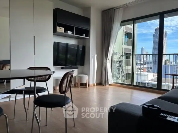 Modern living room with city view and stylish furniture