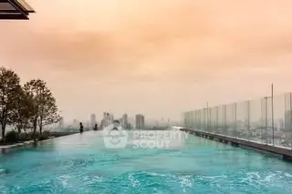 Luxurious rooftop infinity pool with stunning city skyline view at sunset.