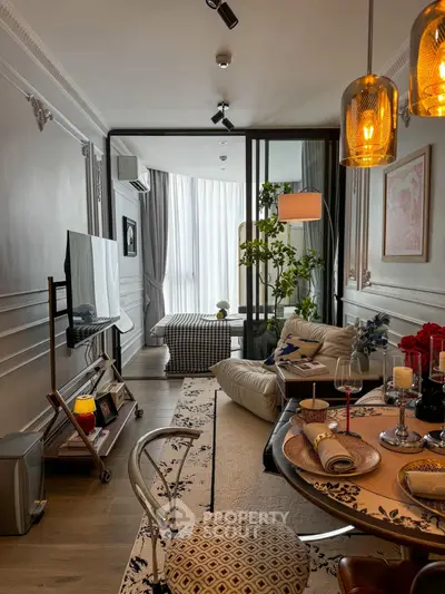 Luxurious living room with elegant decor, cozy seating, and ambient lighting for a sophisticated lifestyle.