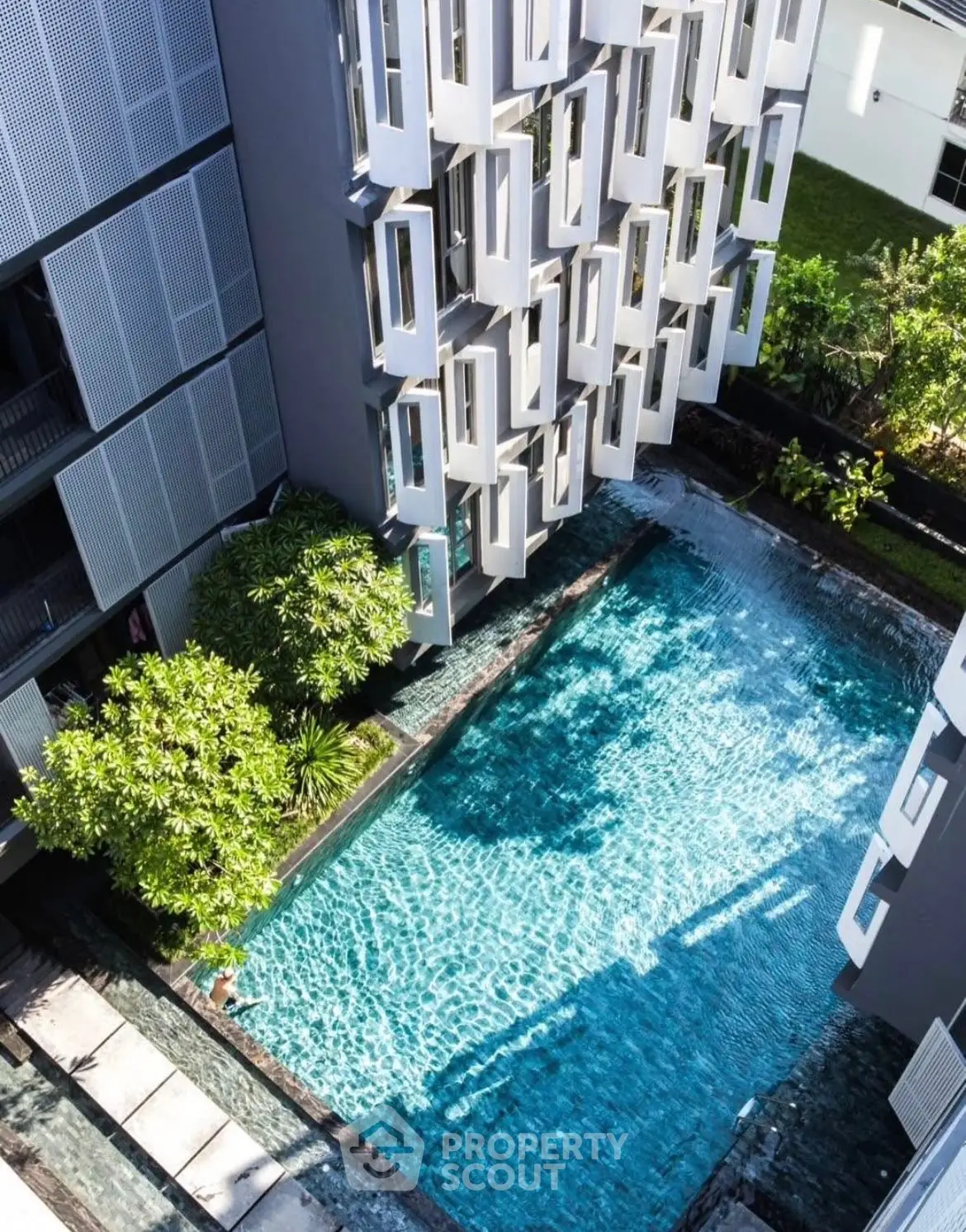 Modern apartment building with stylish pool and lush greenery