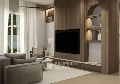 Modern living room with sleek wooden paneling and large TV, cozy seating area, and elegant decor.