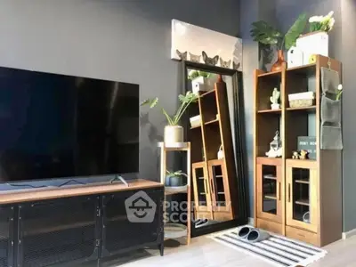 Modern living room with sleek TV stand, large mirror, and stylish shelving unit.