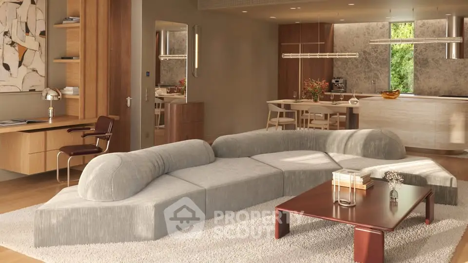 Luxurious open-plan living room with modern furniture and stylish kitchen